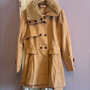 Zeagoo Tan Trench Coat with Faux Fur Collar